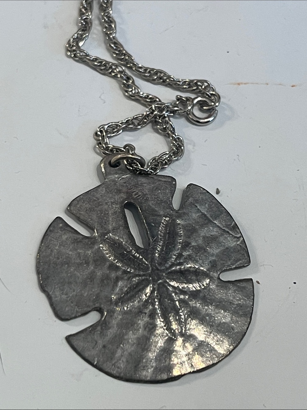 Silver VINTAGE METALTONE Sand Dollar Pendant Necklace -signed METZKE